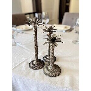 Vintage Silver Palm Tree Candlestick Holders – Tropical Coastal Decor Set